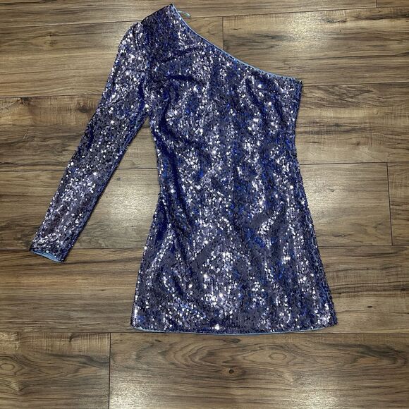 Bardot Purple Blue-Purple Sequin One Shoulder Mini Cocktail Dress XS 2 Sparkly - Picture 2 of 10